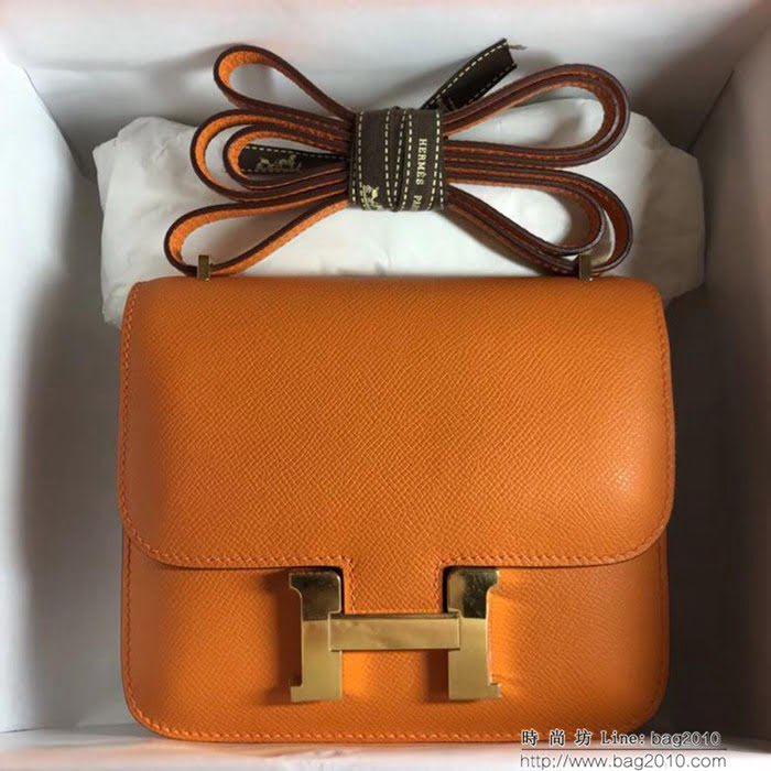 HERMES愛馬仕 空姐包 constance 橙 EPSOM 18cm 金扣扣 銀扣扣 蠟線縫製 單肩斜挎包  Ama1483